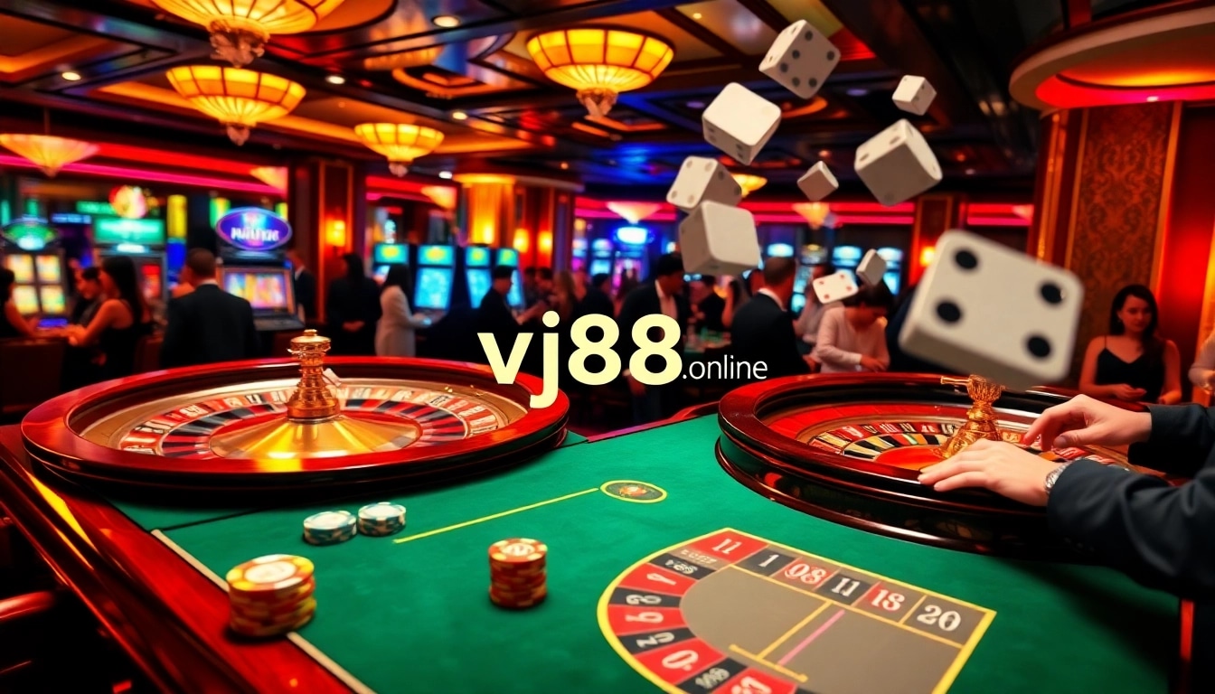 Excited gamblers at a vibrant poker table and roulette wheel scene at vj88.online's virtual casino.