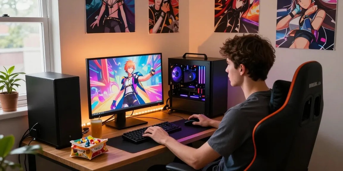 Engaging scene of a gamer enjoying a gay hentai game, surrounded by anime decor.