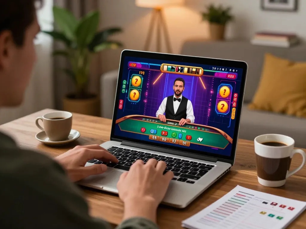 Pemain terlibat dalam permainan dealer langsung Situs Judi Online di rumah, menunjukkan keputusan taruhan yang strategis.
