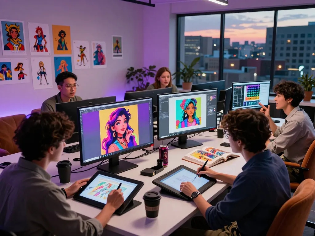 Creative workspace showcasing NSFW AI character design with artists collaborating on vibrant digital art.