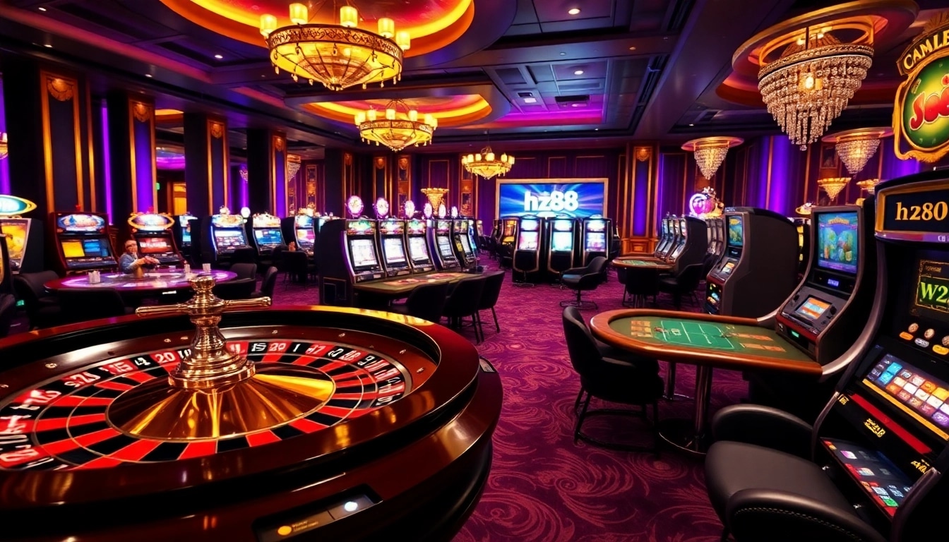 A lively casino experience showcasing various games, including the vibrant representation of hz88.