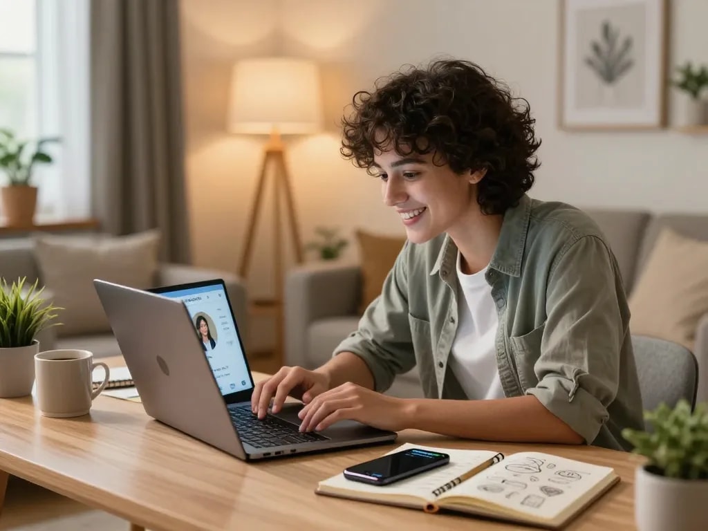 Interactive engagement with a sex chat AI in a cozy, stylish room, showcasing technology and comfort.