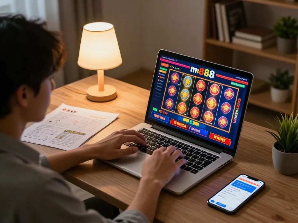 Engaging moment of a player at mb88 com enjoying an online casino game on a laptop, with strategy notes nearby.