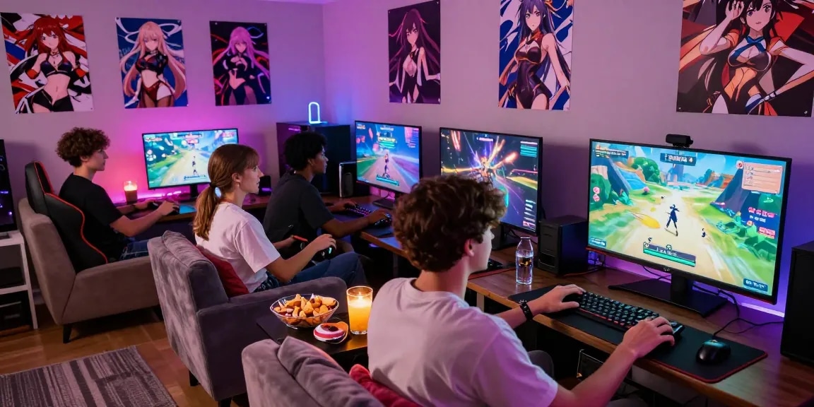 Exciting gaming setup showcasing players enjoying a hentai game experience in a vibrant, cozy environment.