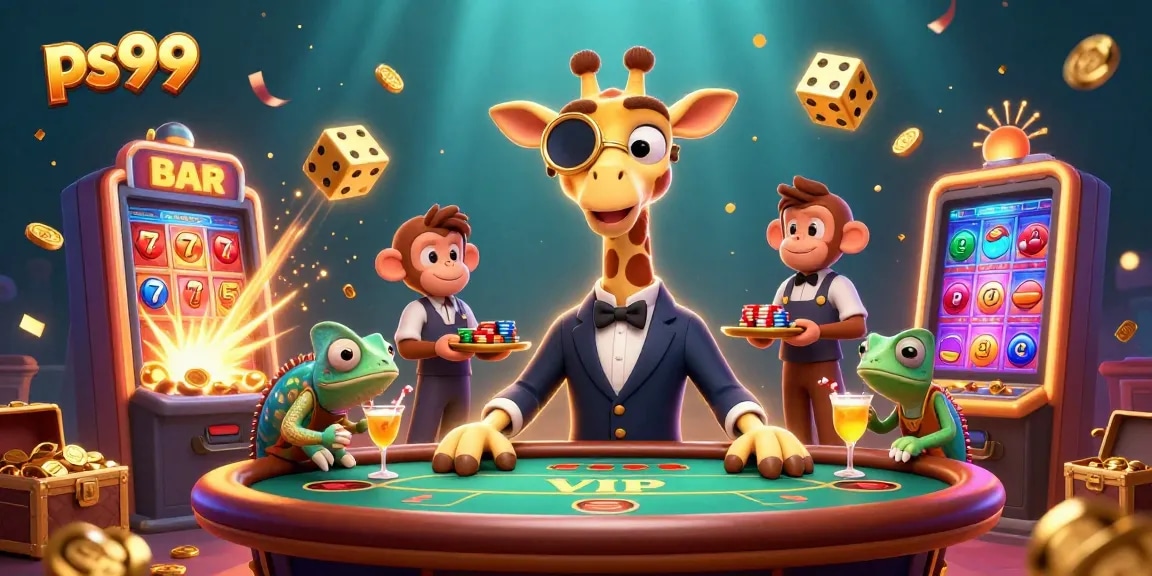 Win big with ps99 at a bustling casino scene featuring a high-roller giraffe and lively characters.