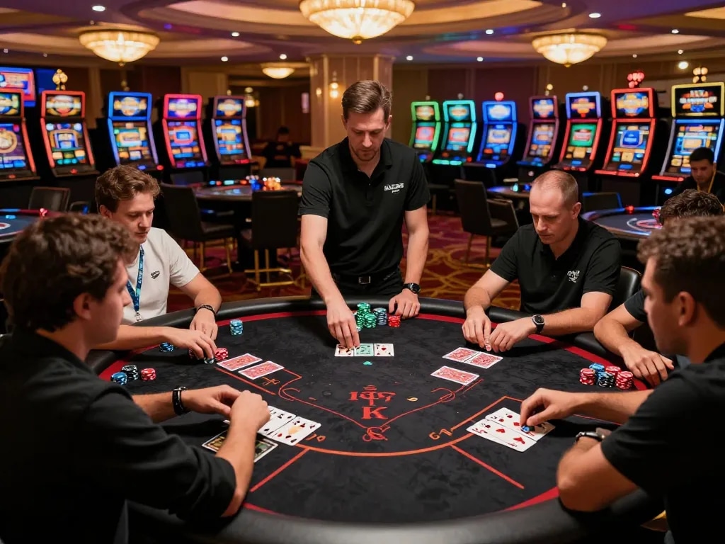 Experience the thrilling atmosphere of Fokus777's poker tournaments with intense gameplay and luxury decor.