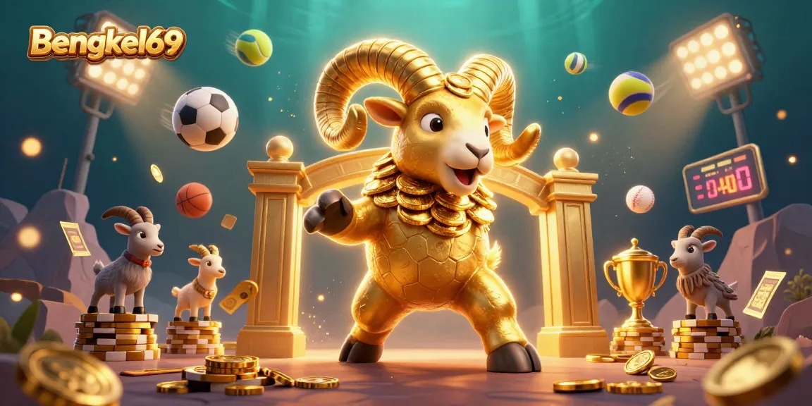 Bengkel69 showcases a golden ram charging through a vibrant sports-themed casino scene filled with energy and excitement.