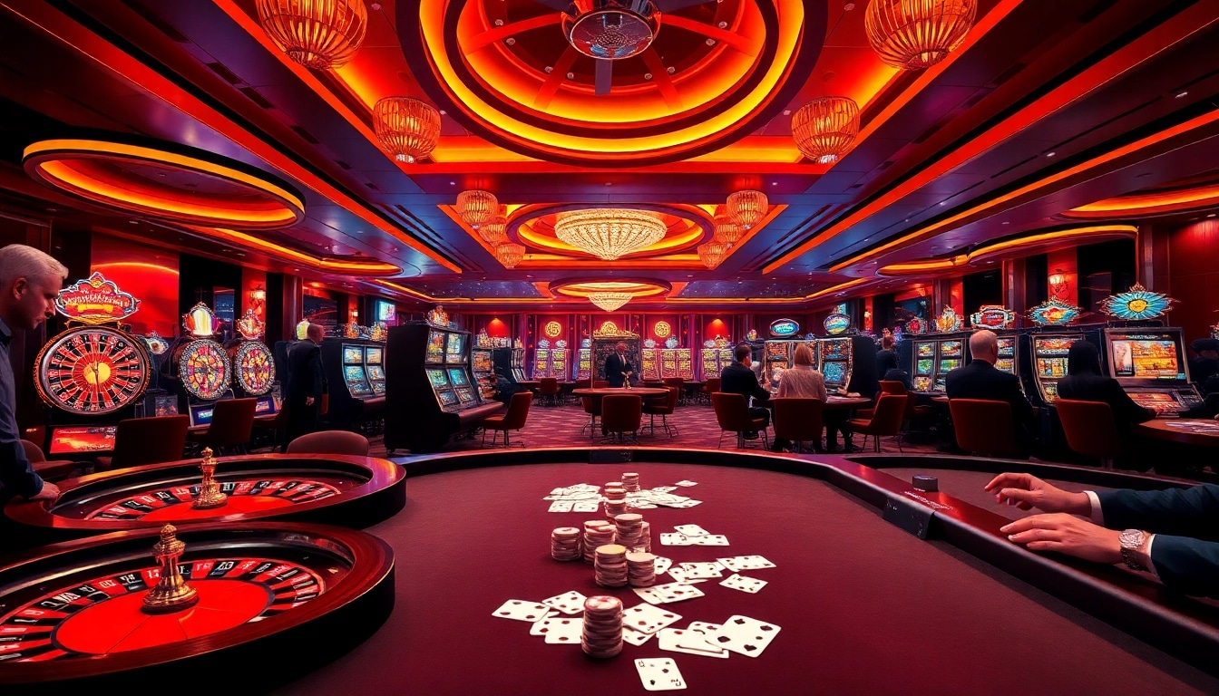 Capture an exciting casino moment at trang chủ mm88 with players engaging at roulette and poker tables.
