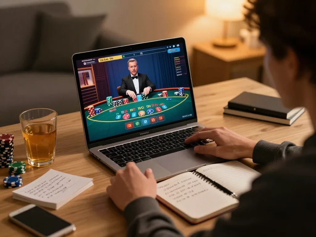 Engaged player on kp88 com playing live blackjack with strategy notes nearby, showcasing responsible gaming.