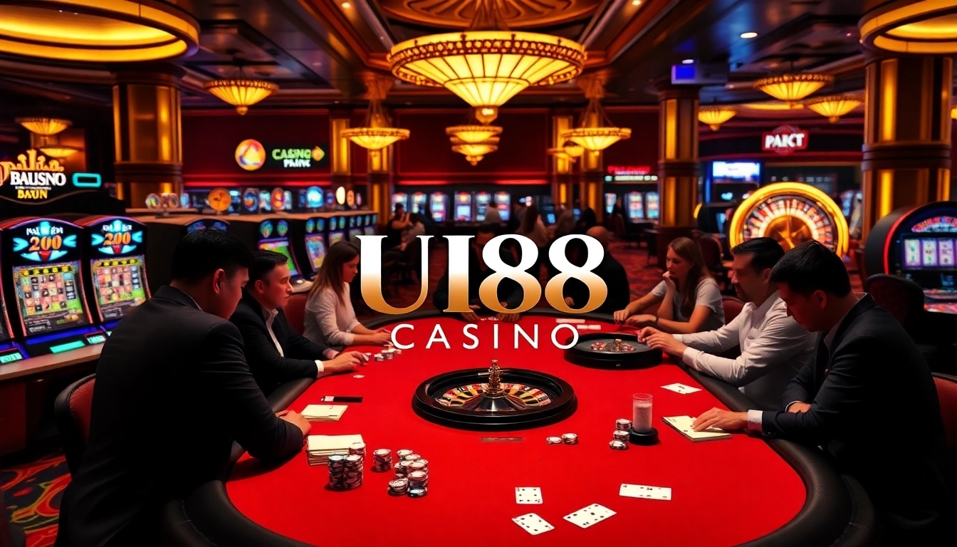 Players enjoying high-stakes poker at UU88 CASINO, surrounded by vibrant slot machines and rich colors.