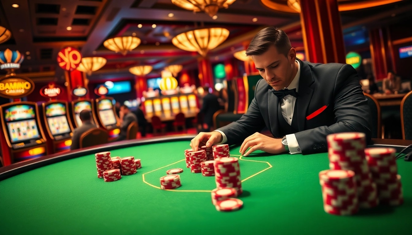 Experience thrilling gameplay with BOMWIN at an exciting casino card table featuring poker chips and cards.