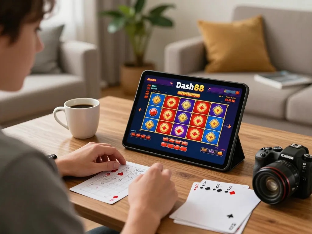 Player enjoying dash88 online casino gaming on a tablet at home with strategy notes