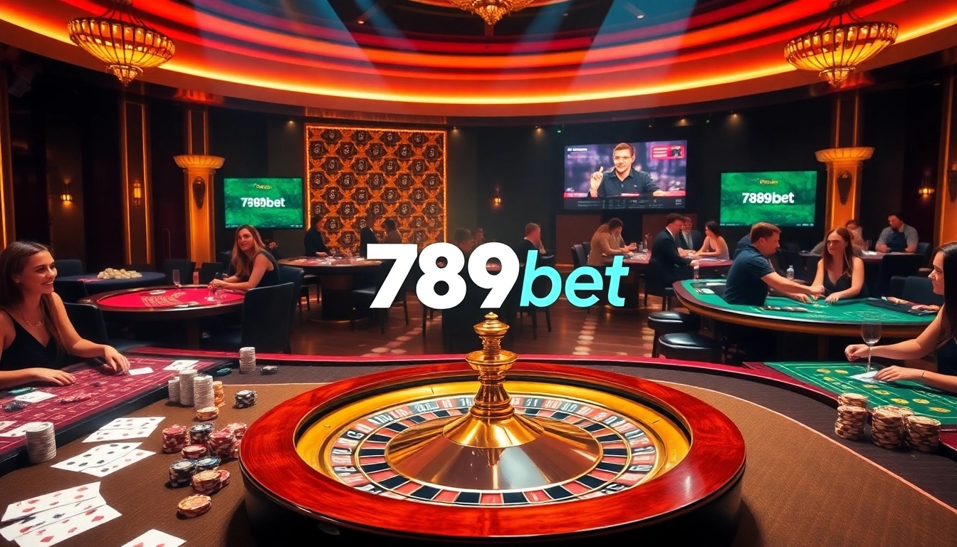Exciting gaming scene at a luxury casino with 789bet branding, roulette, tables, and players.
