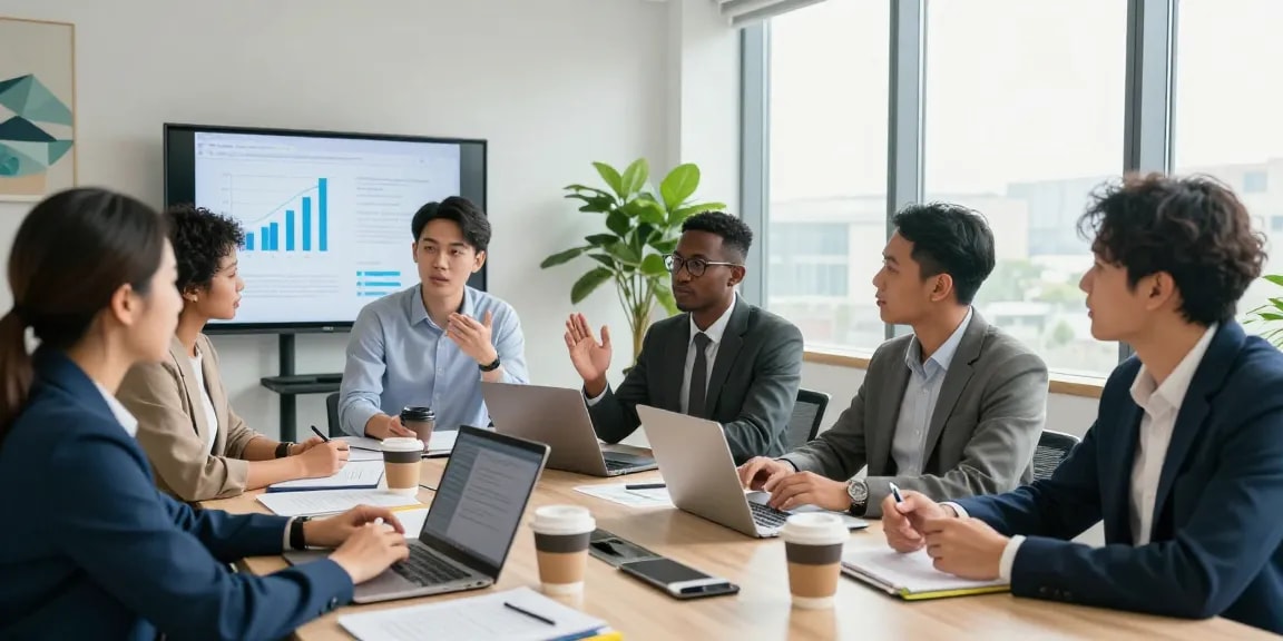 Pengembangan jaringan bisnis dengan balak66 dalam suasana kantor modern, tim profesional berdiskusi