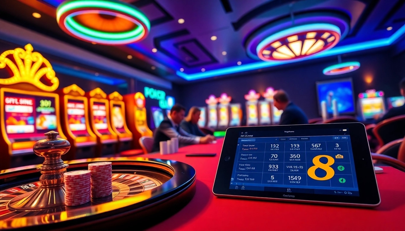 Engage in thrilling gameplay at s8 nhà cái with a luxurious casino scene featuring poker and slots.