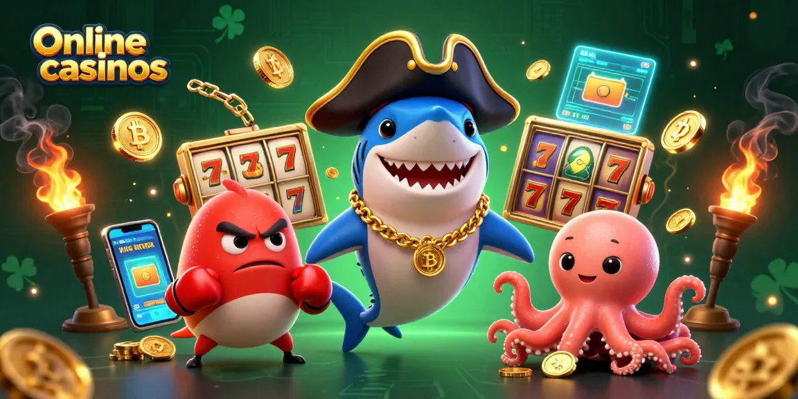 Engage with online casinos in this vibrant 3D illustration featuring a pirate shark and friends.