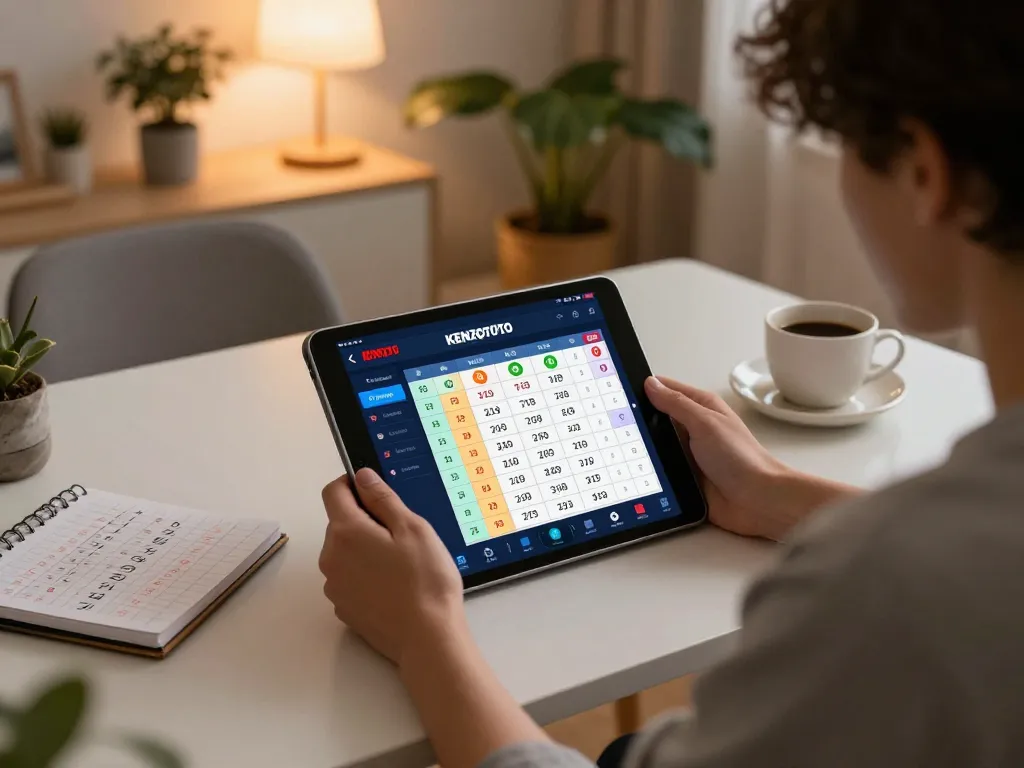 Pemain memeriksa hasil KENZOTOTO Toto Macau di tablet selama sesi permainan online yang intens.