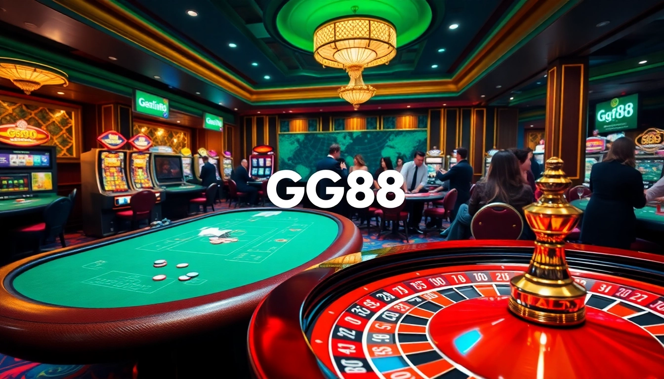 Exciting GG88 casino environment with poker games and vibrant slot machines.