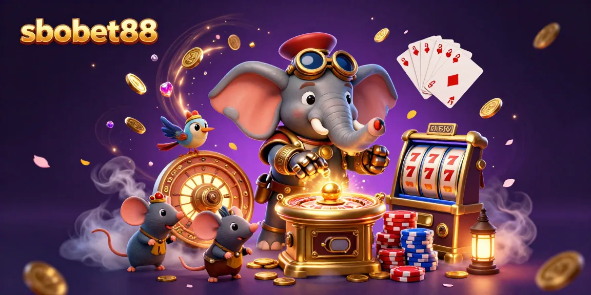 Engage with sbobet88's vibrant steampunk casino scene featuring a joyful elephant engineer.