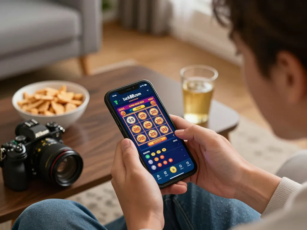 Player engaging with luck88com casino app on smartphone displaying vibrant slot games and live dealers.