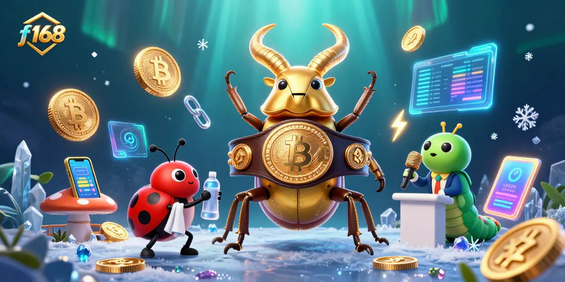 Bet on f168 with a thrilling visual of a boxing beetle and crypto coins, showcasing action-packed gaming excitement.