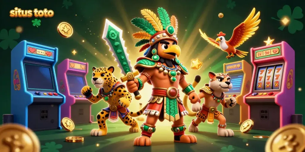 Experience the excitement of situs toto with dynamic illustrations of Aztec warriors, slot games, and glowing arcade machines.
