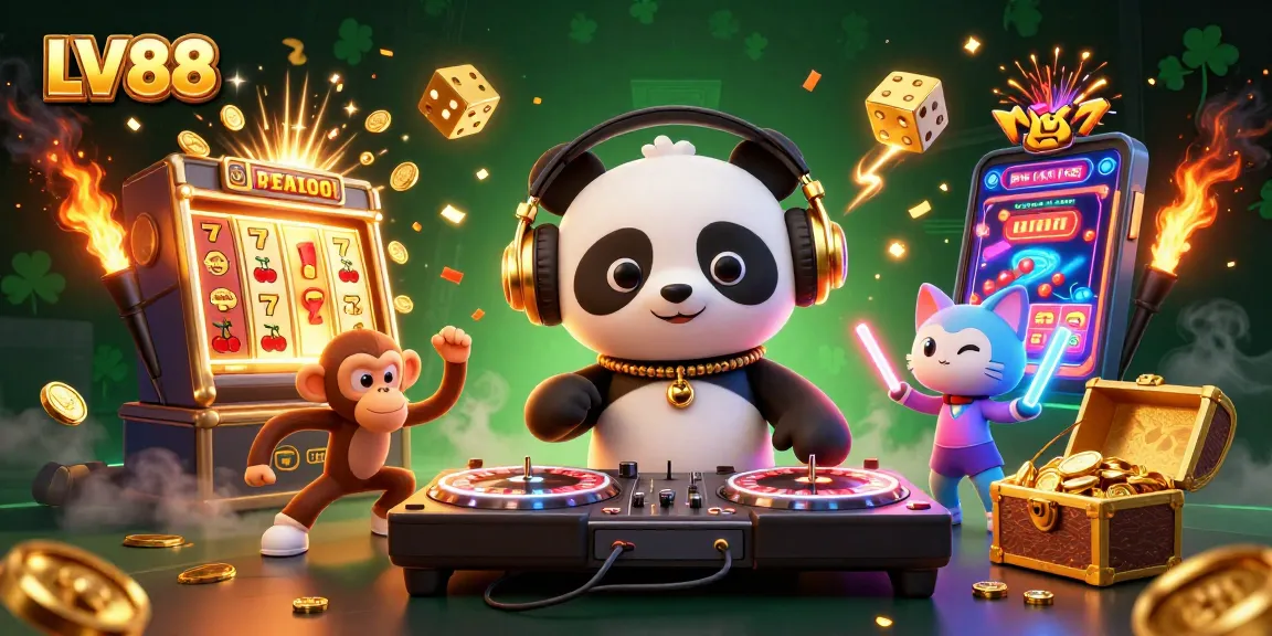 Experience the thrill of LV88's vibrant 3D casino atmosphere with a DJ panda and lively characters.