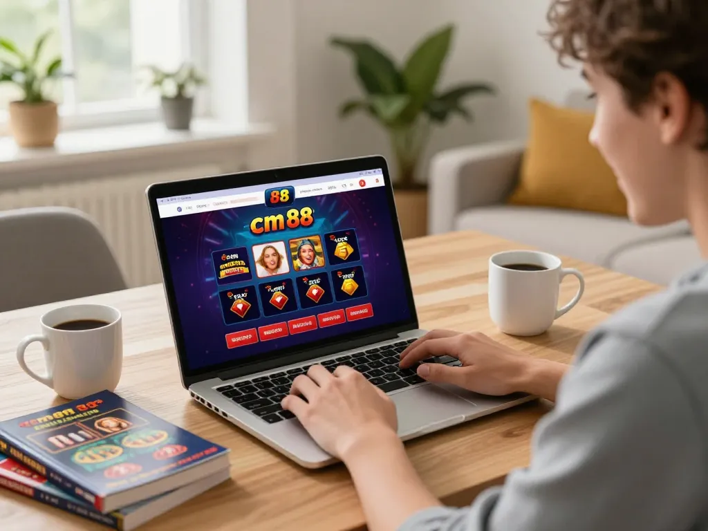 Engaging scene of a user enjoying the cm 88 online casino interface on a laptop, portraying responsible gambling practices.