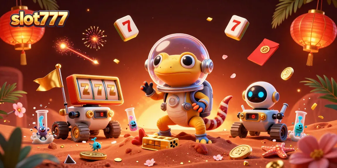 Experience big wins at slot777 with a Martian gecko, slot reels, and vibrant casino elements.