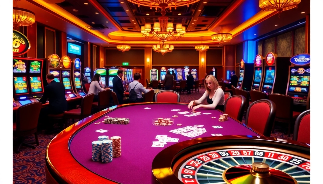 Excited players at 789CLUB engaging in poker and slot machine games in a luxurious casino environment.