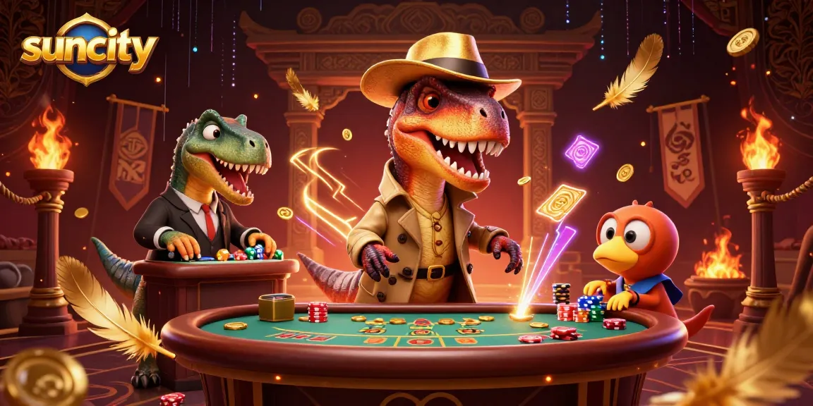 Engaging gameplay at suncity featuring a velociraptor card counter and stegosaurus pit boss in a vibrant casino setting.