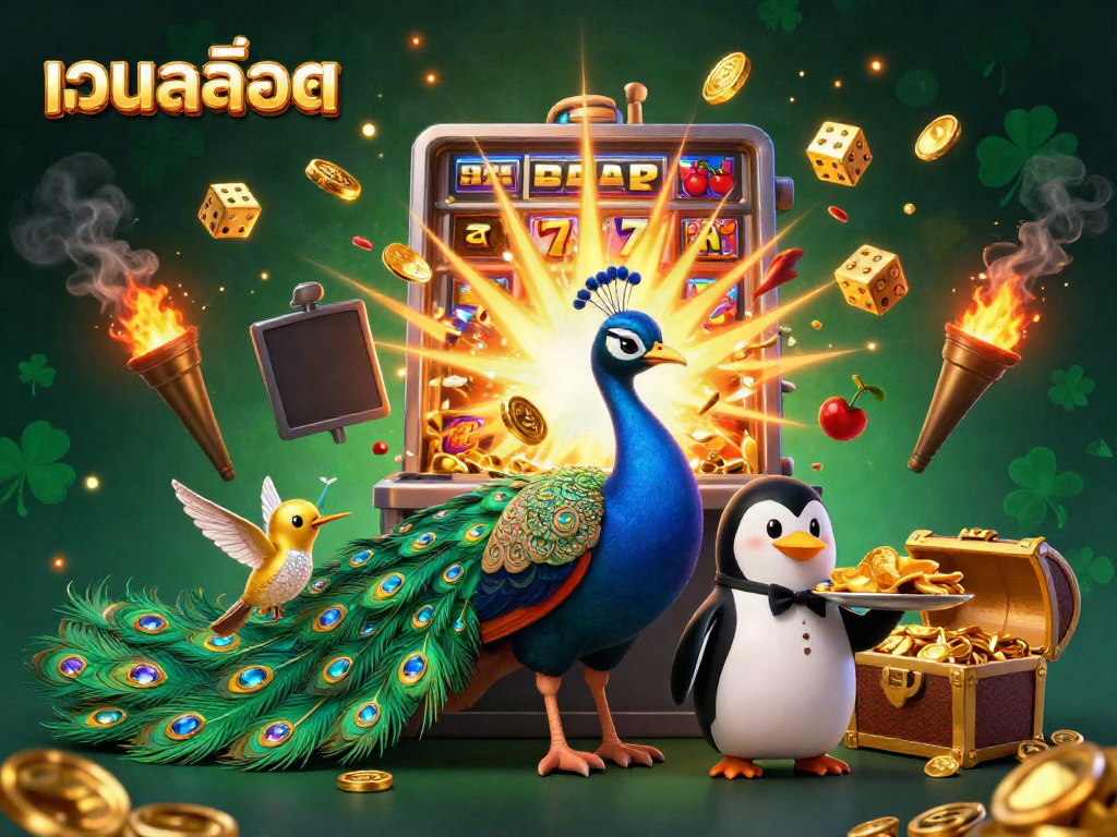 Experience เว็บสล็อต with a lively scene showcasing a peacock, penguin, and hummingbird amidst casino elements.