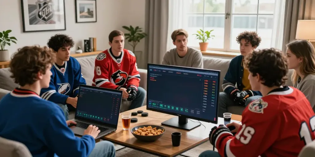 Exciting hockey betting gathering with friends discussing bets on NHL games, showcasing Statymu Zona and live game stats.