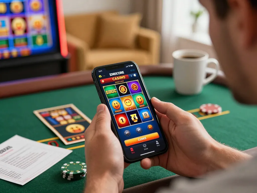 IDNSCORE player using smartphone for online slots in a cozy home setting