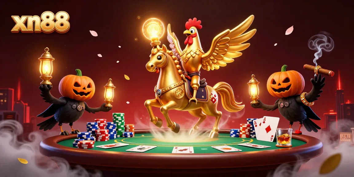 Enjoy thrilling poker action at xn88 with a golden rooster and mystical characters in a vibrant casino setting.
