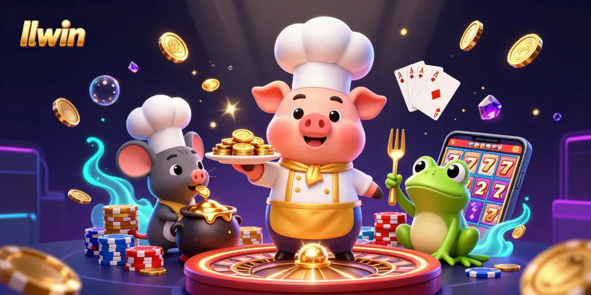 llwin's vibrant gaming scene with a chef pig serving gold coins, roulette, and sparkling gems.