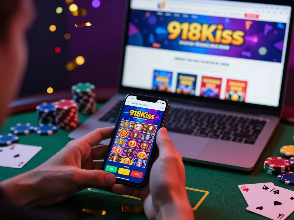 Engaging gaming scene showcasing a player using the 918Kiss app, emphasizing free credit on a smartphone amidst vibrant casino elements.