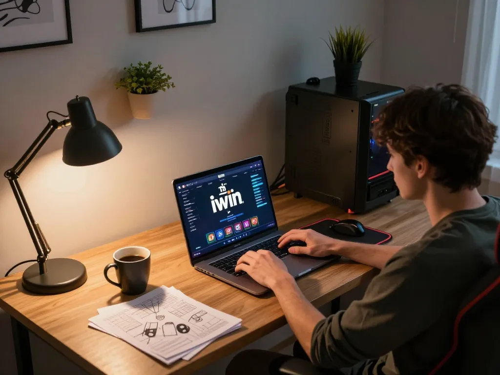 Tải iwin on a laptop as a person engages in strategic online gaming with coffee and notes nearby.