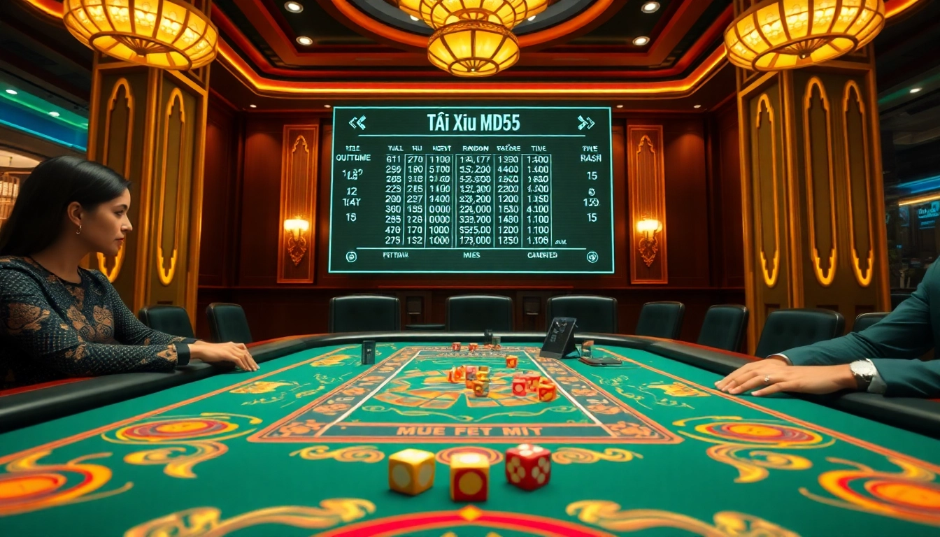 Tài Xỉu MD5 gameplay featuring vibrant dice and players immersed in a thrilling casino atmosphere.