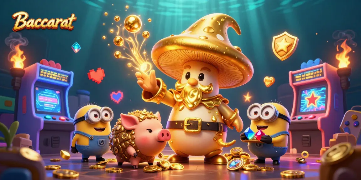 Play Baccarat with the magical golden wizard and treasure-hunting pig in this vibrant casino illustration