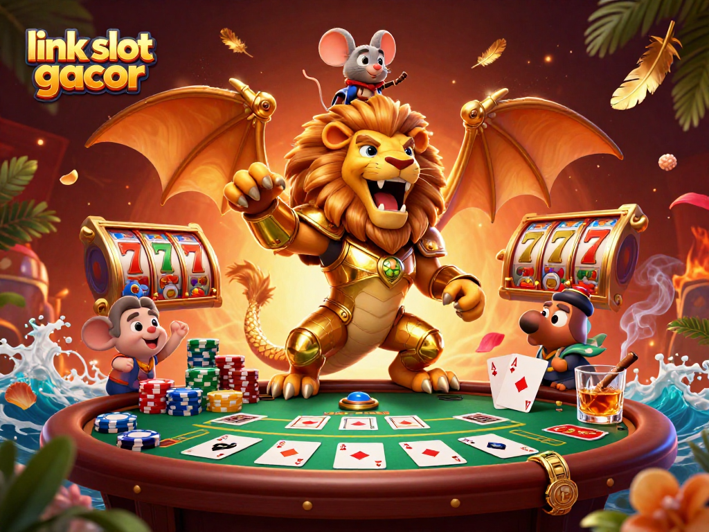 Engaging illustration showcasing link slot gacor with golden-armored chimera, dynamic poker table elements, and vibrant atmosphere.