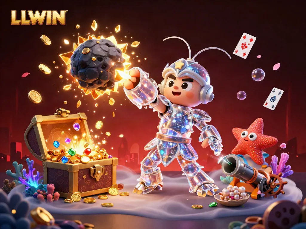 LLWIN imagery showing a unique 3D cartoon scene with a mantis shrimp bursting gems and coins, enhancing casino excitement.