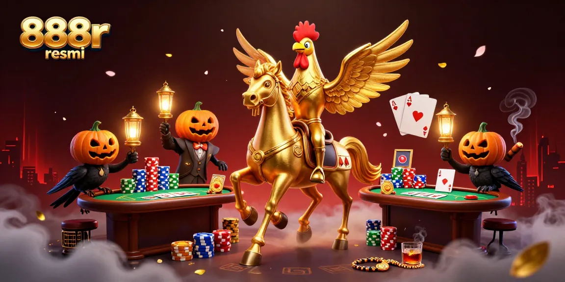 Engage in thrilling gameplay with 888r resmi at a vibrant casino featuring poker tables and festive characters.