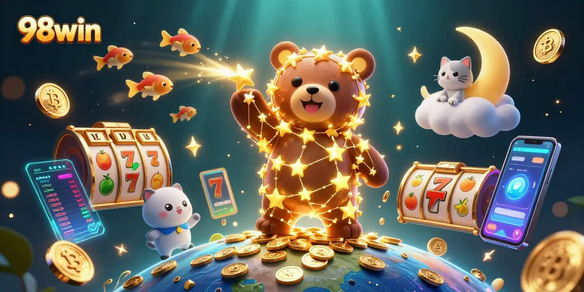 Engage in thrilling gameplay with 98win as a golden constellation bear reaches for jackpot symbols amidst vibrant casino elements.