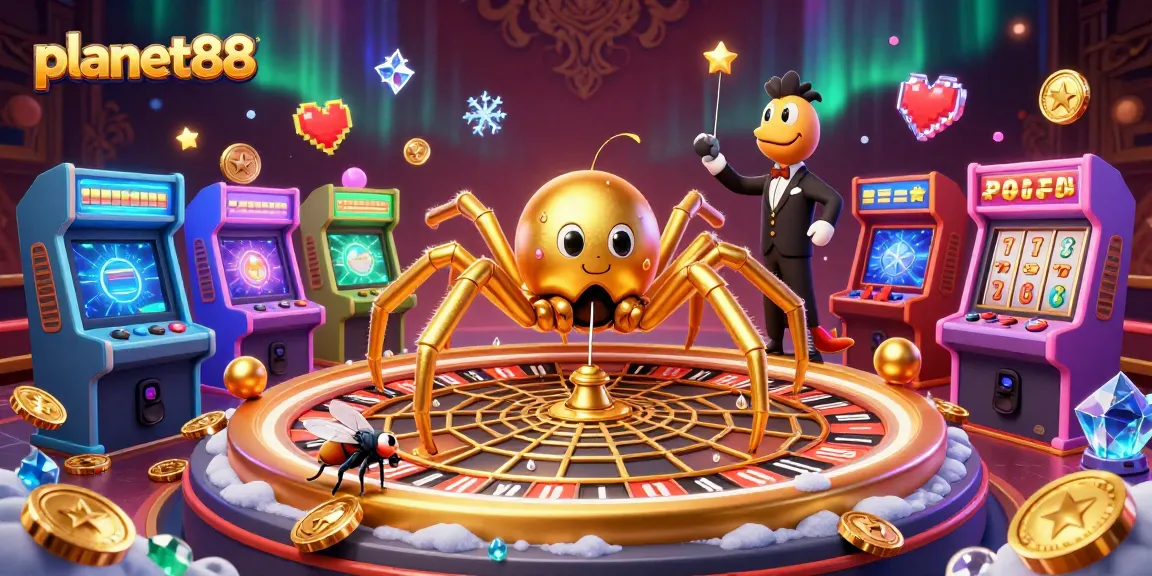 Experience winning spins at planet88's vibrant online casino, featuring a thrilling roulette web and animated characters.