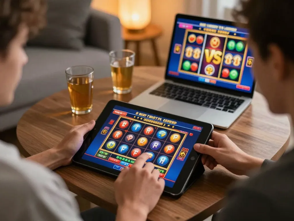 Player enjoying slots on IDCASH88 app showcasing vibrant gaming interface in a cozy home.