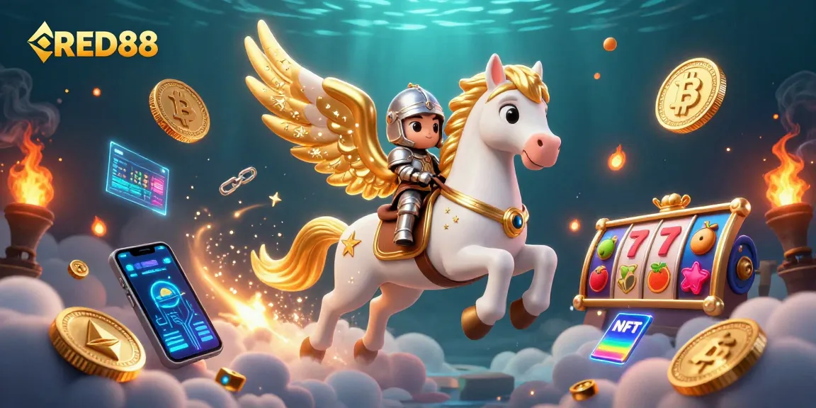 Experience the thrill of RED88 with vibrant slot reels and golden coins in a mystical setting.