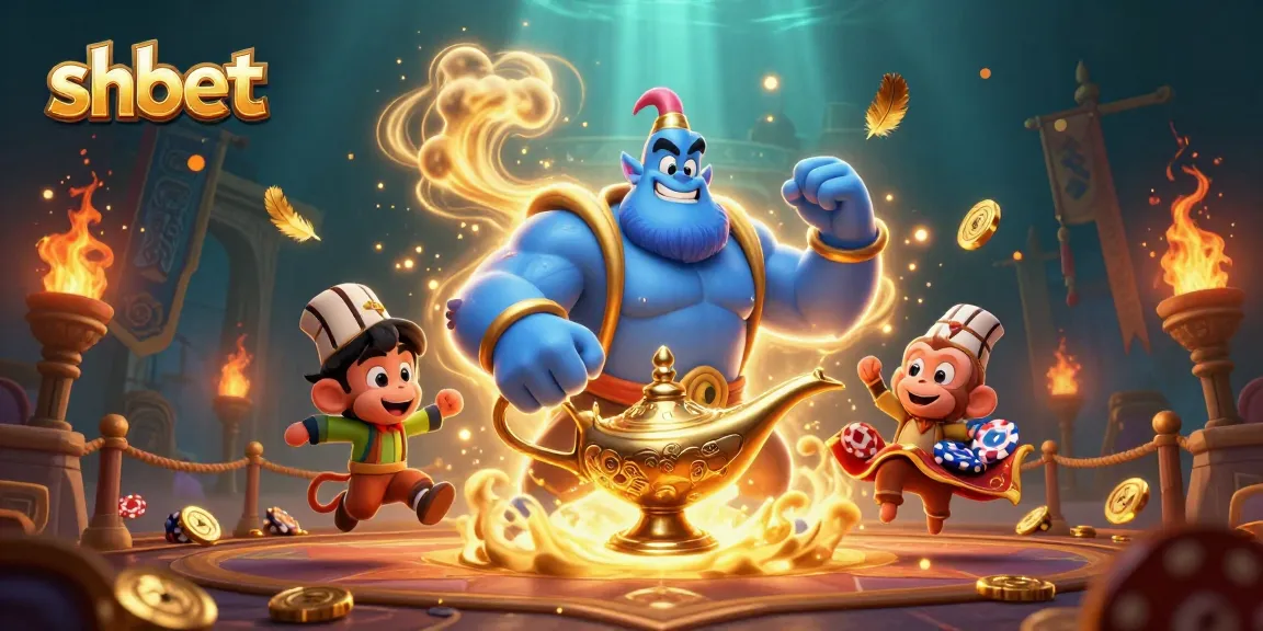Engage with shbet's vibrant casino scene featuring a blue genie and poker elements.
