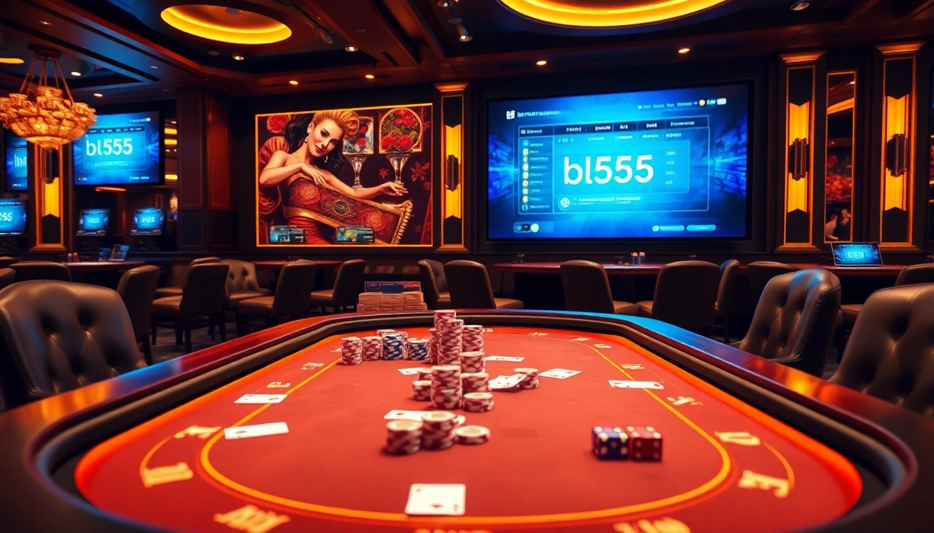 Engage in high-stakes gaming at bl555.training, showcasing a luxurious casino atmosphere with poker and dice.