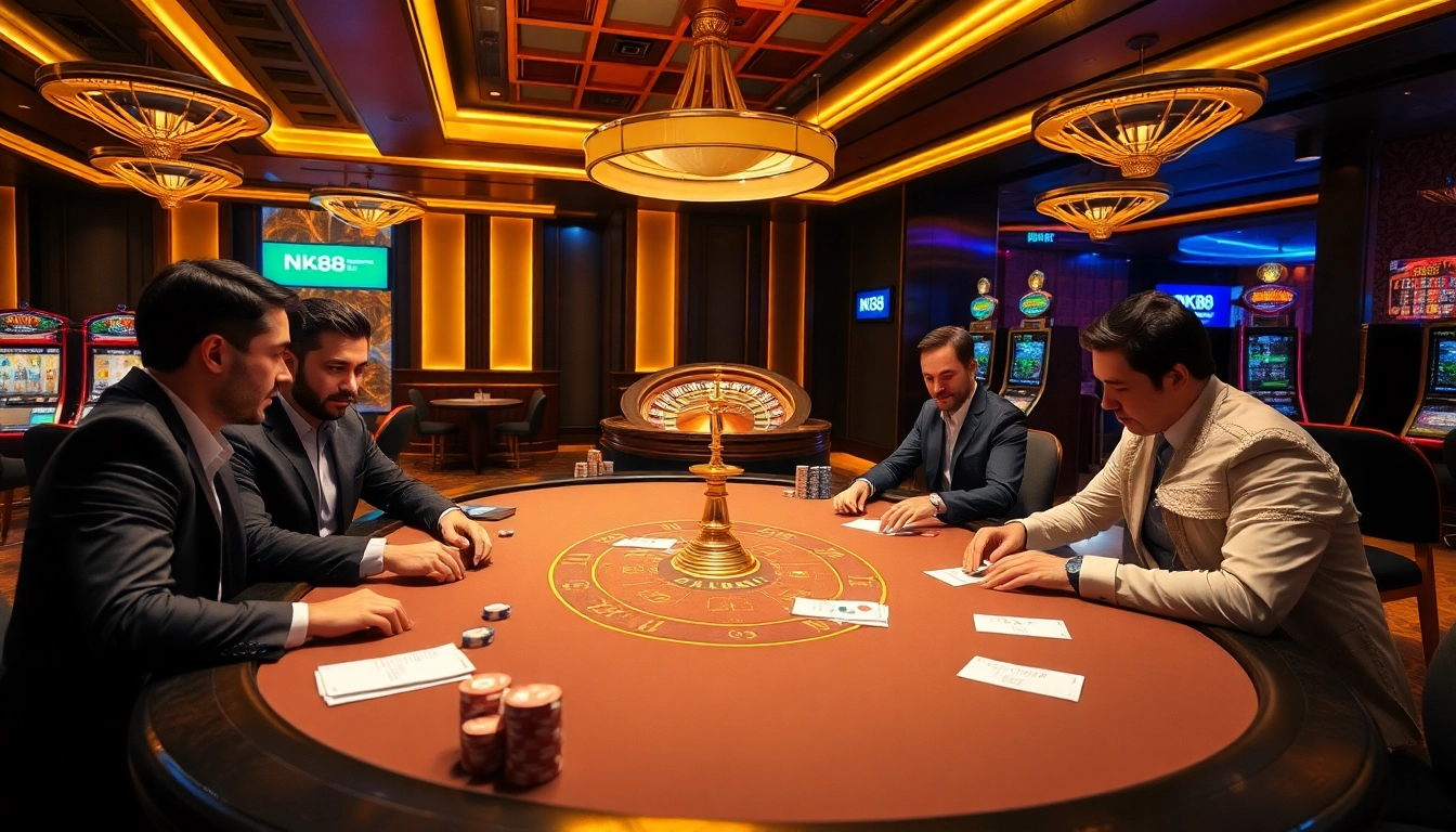 Engaged players at a poker table experiencing the thrill of NK88 online casino.